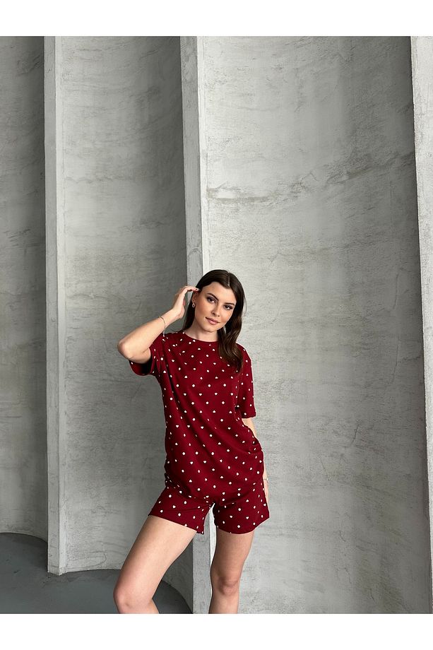 Kadın Şortlu Organik Pijama Takımı – Kalpli Baskılı – Let’s Basic – Yazlık / Ev Giyim - 4