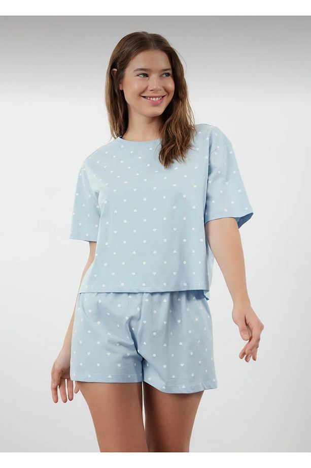 Kadın Şortlu Organik Pijama Takımı – Kalpli Baskılı – Let’s Basic – Yazlık / Ev Giyim - 1