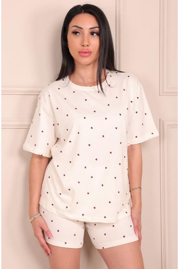 Kadın Şortlu Organik Pijama Takımı – Kalpli Baskılı – Let’s Basic – Yazlık / Ev Giyim - 1