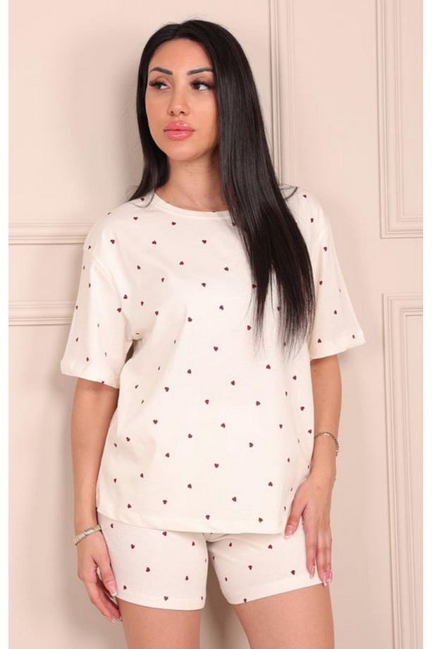 Kadın Şortlu Organik Pijama Takımı – Kalpli Baskılı – Let’s Basic – Yazlık / Ev Giyim - 3