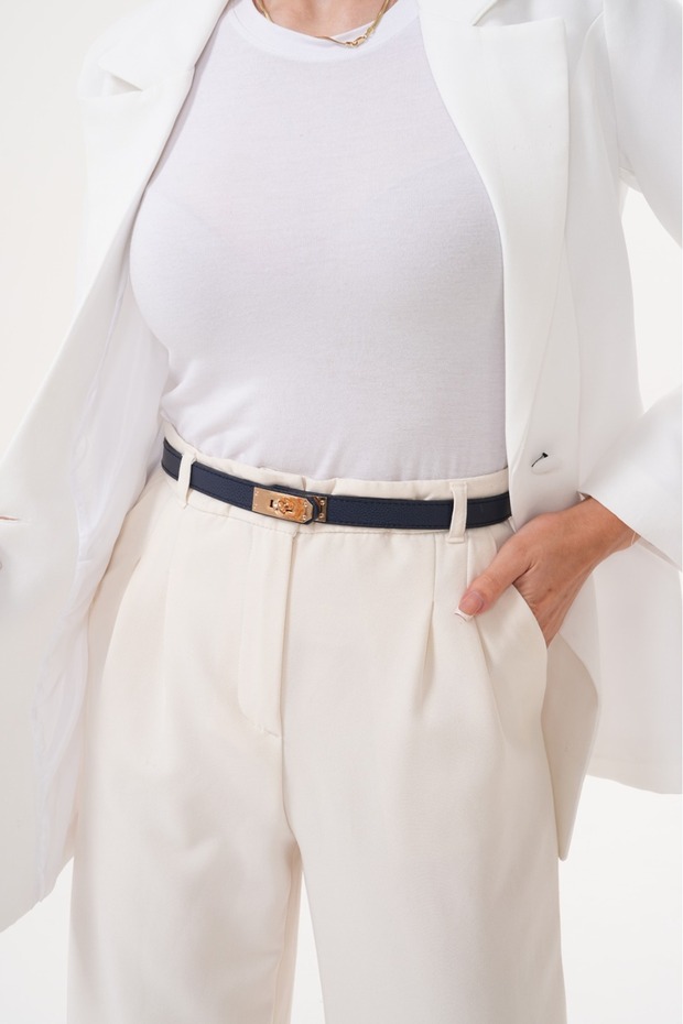Navy Blue Gold Lock Buckle Stitched Belt.Women's Belt,Dress Belt,Jacket Belt,Pantalon Belt