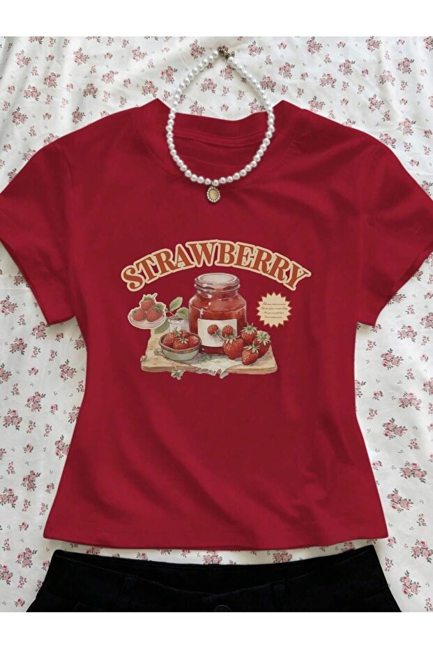 Women's Strawberry Jam Strawberry Printed Baby Tee Crop T-Shirt