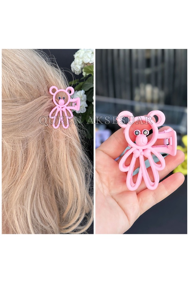 Cute Matte Color Crystal Stone Eyes Teddy Bear Clothespin Buckle Bear Clip Pink