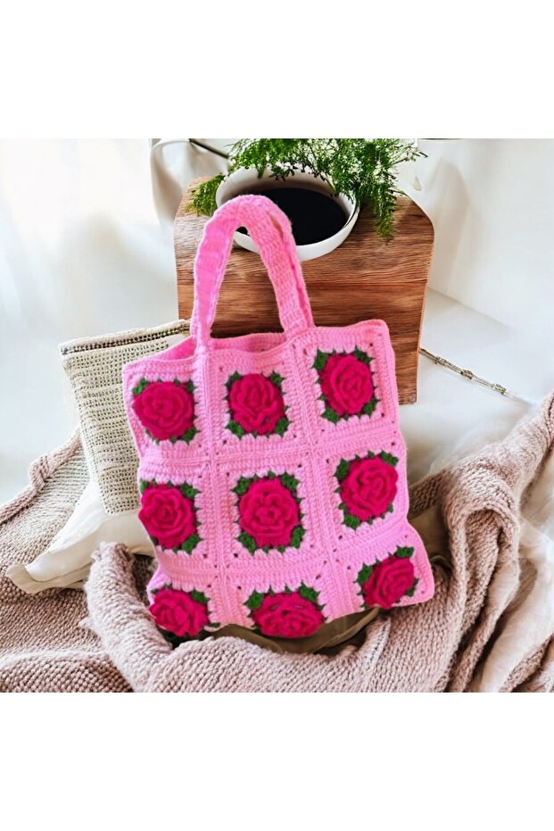 Hand Knitted Rose Bag