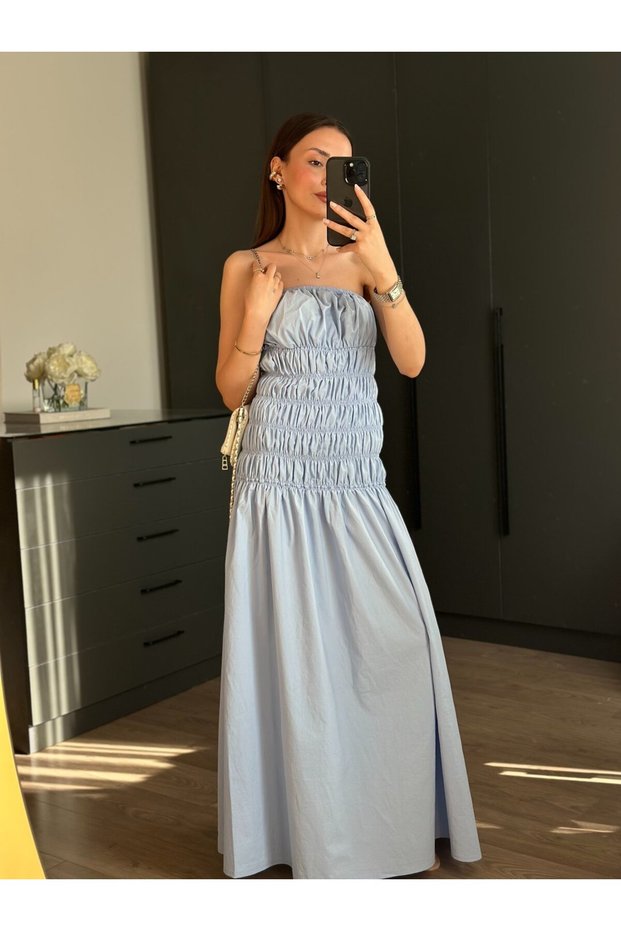 Büzgü Detail Strapless Blue Long Dress