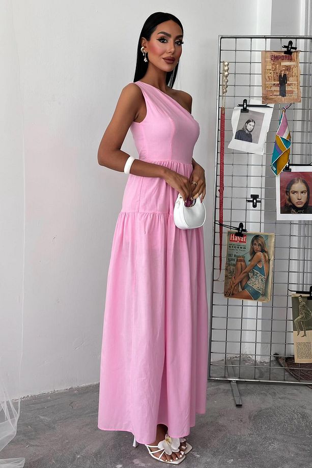Kadın Pembe Tek Omuz Wual Maxi Elbise - 6