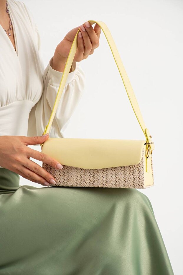 Baguette Hand and Shoulder Bag with Straw Detail
