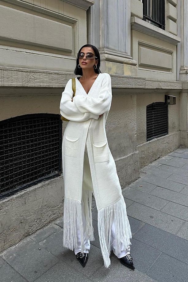 Kadın Ekru Oversize Kruvaze Triko Uzun Hırka - 4