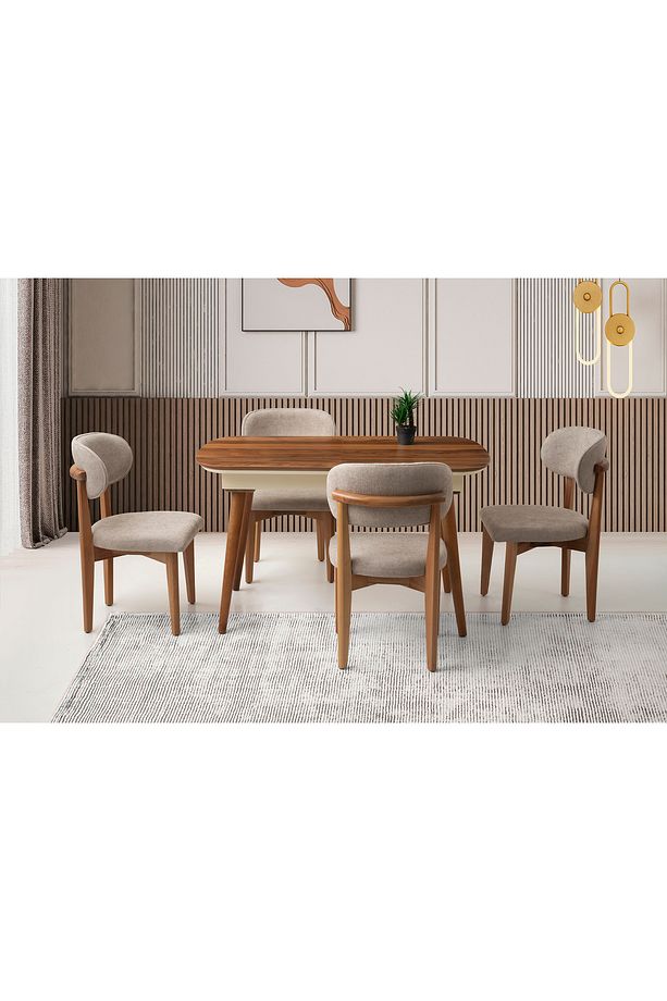 Çınar Açılır Ahşap Ayak 130X80 Masa 4 Adet Bukle Kumaş Naturel Ahşap Nergis Sandalye Masa Takımı - 1