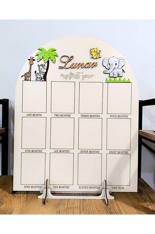 Mishe Tasarım Ahşap Bebek 1 Yaş Panosu Safari Temalı Doğum Günü Masa Dekoru Ayaklık Dahildir! - 5