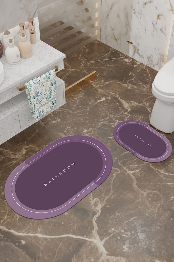 Bathroom Desenli Eko Banyo Paspası, Kaymaz Taban, Makinada Yıkanabilir, Dijital Baskı 2'li Set - 2