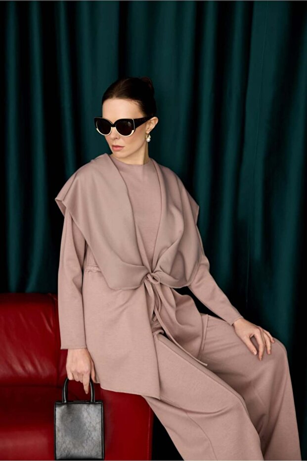 Kapüşonlu Bel Bağlamalı Örme Kap - 4