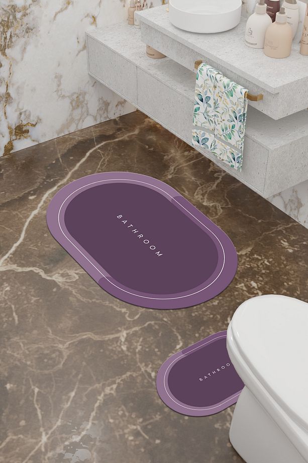 Bathroom Desenli Eko Banyo Paspası, Kaymaz Taban, Makinada Yıkanabilir, Dijital Baskı 2'li Set - 3