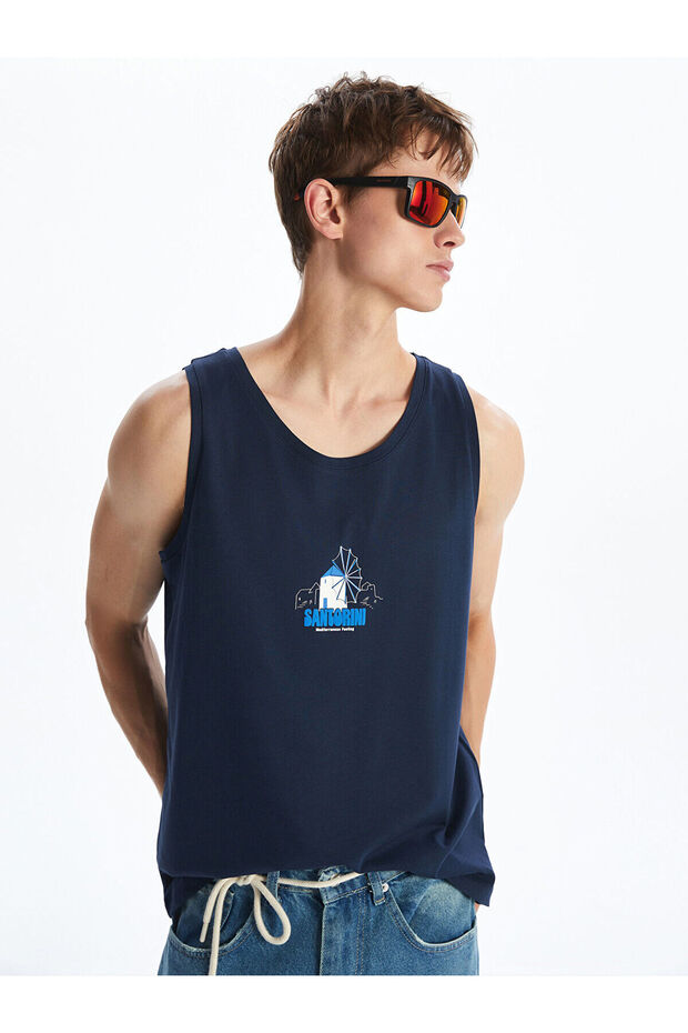 Nevavm Oval Collar Santorini Printed Men's Sleeveless T-Shirt with a Difference