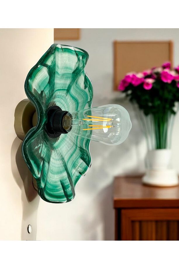 Modern Classic Cam Aplik Yeşil Renkli Kristal Cam Flower Çiçek Tekli Duvar Aplik - 2