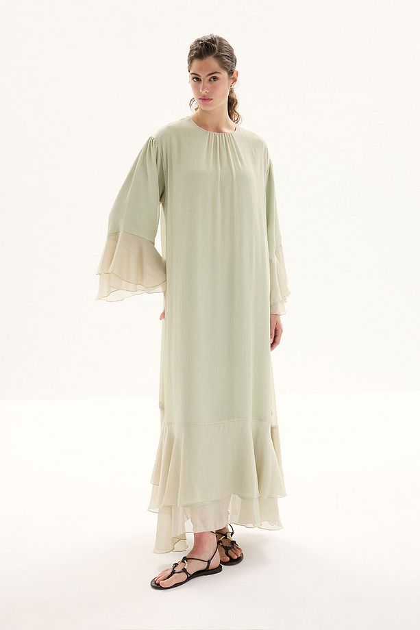 Boho Volanlı Yoryo Şifon Adaçayı Elbise - 5