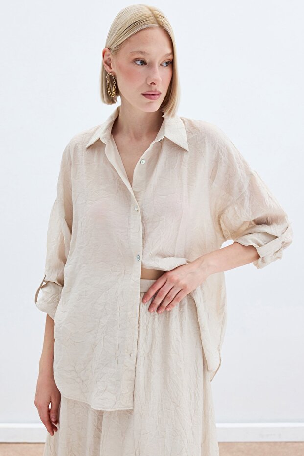 Casual Shirt with Sleeve Detail - Beige