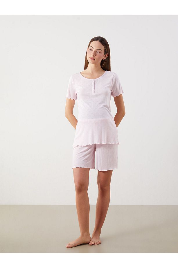 Bisiklet Yaka Kalp Desenli Hamile Şortlu Pijama Takımı - 1
