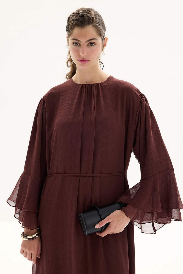 Boho Volanlı Yoryo Şifon Kahve Elbise - 4