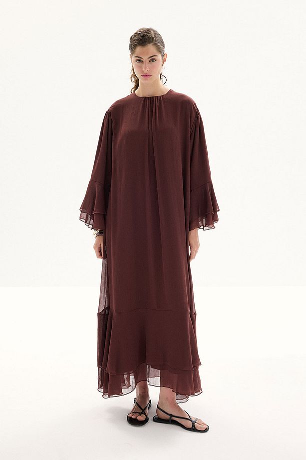 Boho Volanlı Yoryo Şifon Kahve Elbise - 5