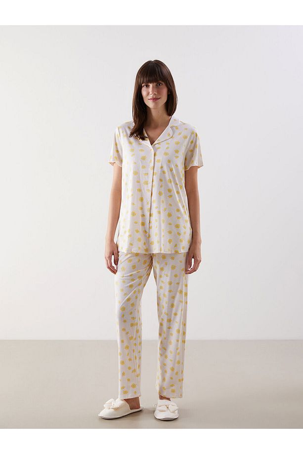 Gömlek Yaka Çiçekli Hamile Pijama Takımı - 1