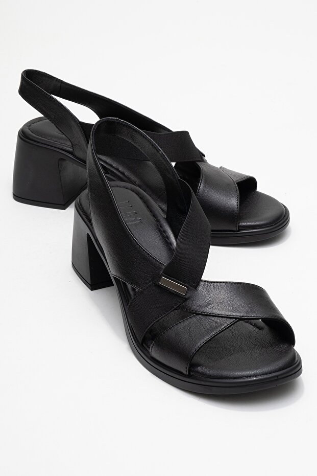 Crina Black Genuine Leather Elastic Women's Thick Heeled Sandals