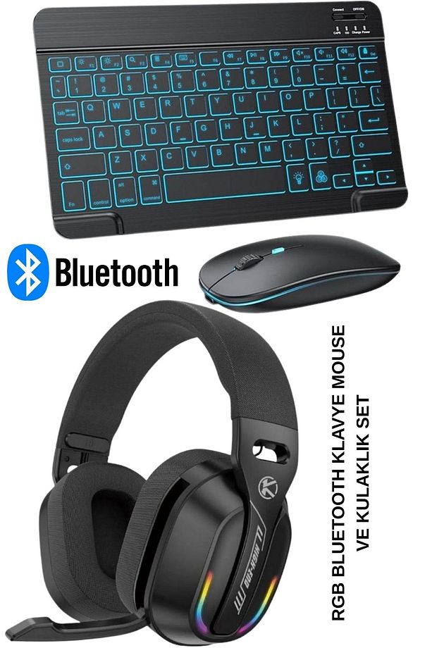 Mikrofonlu Kablosuz Bluetooth Oyuncu Kulaklığı Ve RGB Klavye Mouse Set Gaming Kulaklık Surround - 1