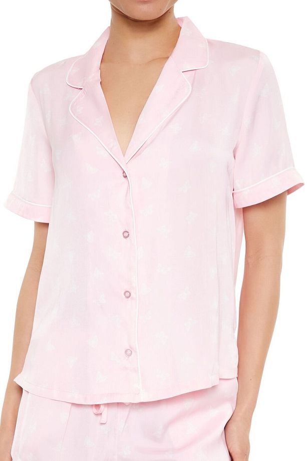 Kelebek Desenli Saten Gömlek ve Şort Pijama Takımı - 5