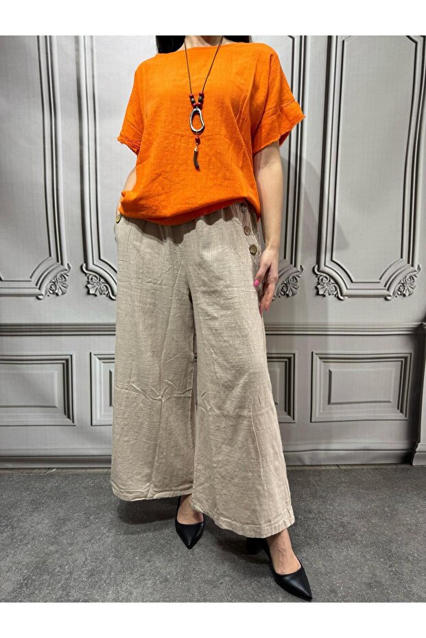 Women's Side Button Cotton Double Pocket Oversize Trousers