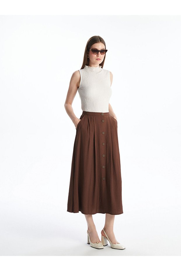 Lcwaikiki Classic Brown Textured Pleated Skirt with Elastic Waist