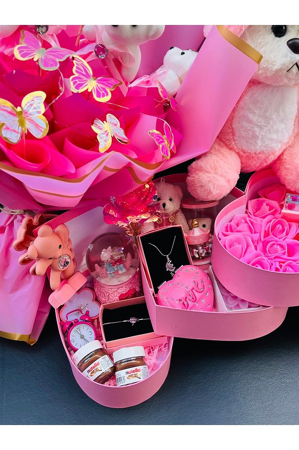 Pembe 3 katlı hediye kutusu puffy hug hediye seti - 4