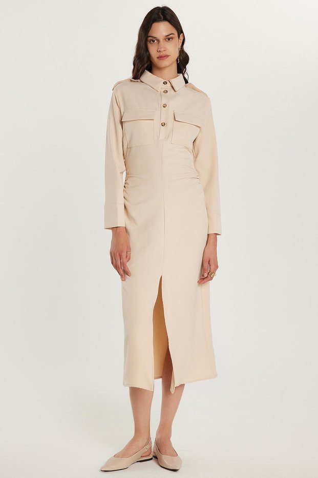 Women's Standard Fit Button Polo Neck Long Sleeve Double Pockets Front Slit Midi Length Beige Dress