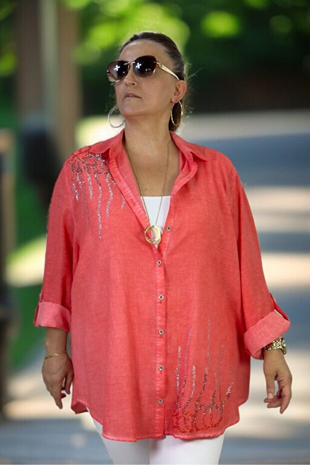 Front Buttoned Sequence Embroidered Folding Sleeve Flame Linen Extra Large Size Shirt