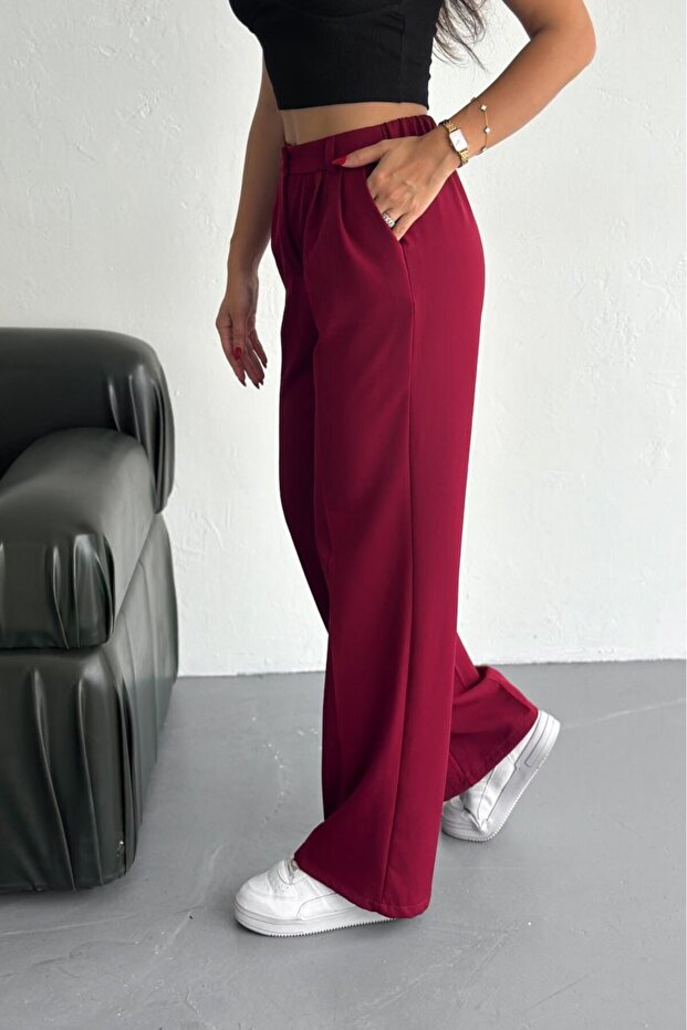Double Wide Leg Trousers with Elastic Waist at the Back Burgundy