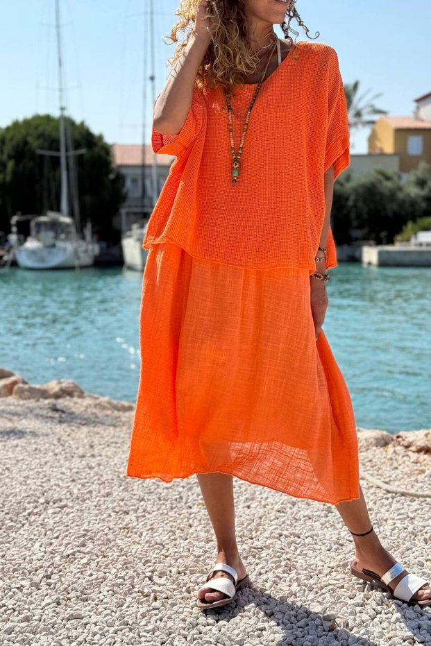 Italian Orange Boat Neck Short Sleeve Double Layer Mesh Detail Linen Loose Woven Dress 115 60