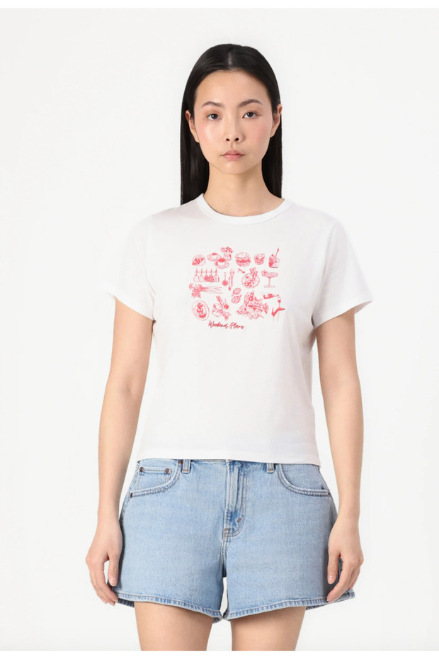 Women's White Crop T-Shirt - Red'Weekend Plans' Food Illustration Printed