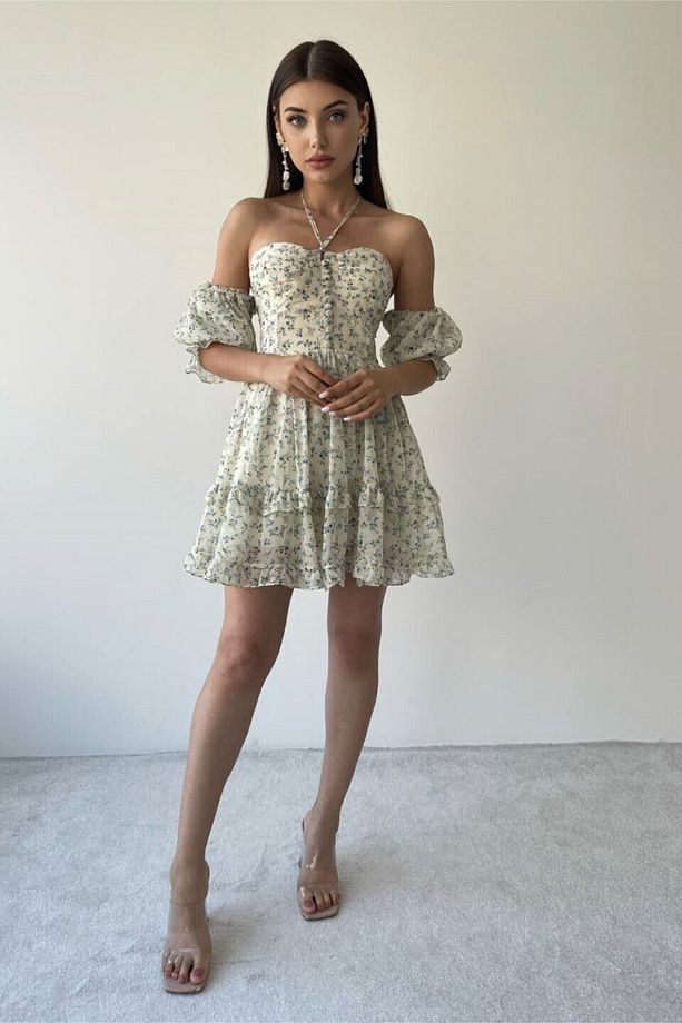 Krem Mavi Mini Çiçekli Elbise - 4