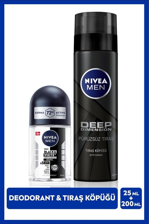 MEN Erkek Tıraş Köpüğü Deep Dimension 200ml ve Mini Roll-on Deodorant Black&White Original 25ml - 1