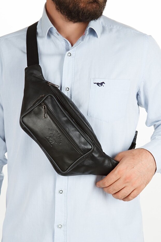 Genuine Leather Adjustable Strap Crossbody Shoulder Chest and Waist Bag - Black