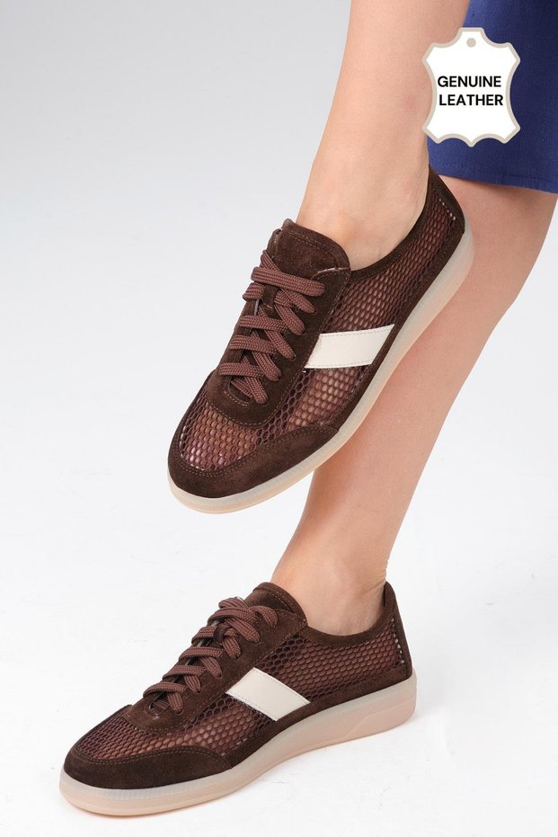 Irina Genuine Leather Brown Mesh Women's Sports Shoes