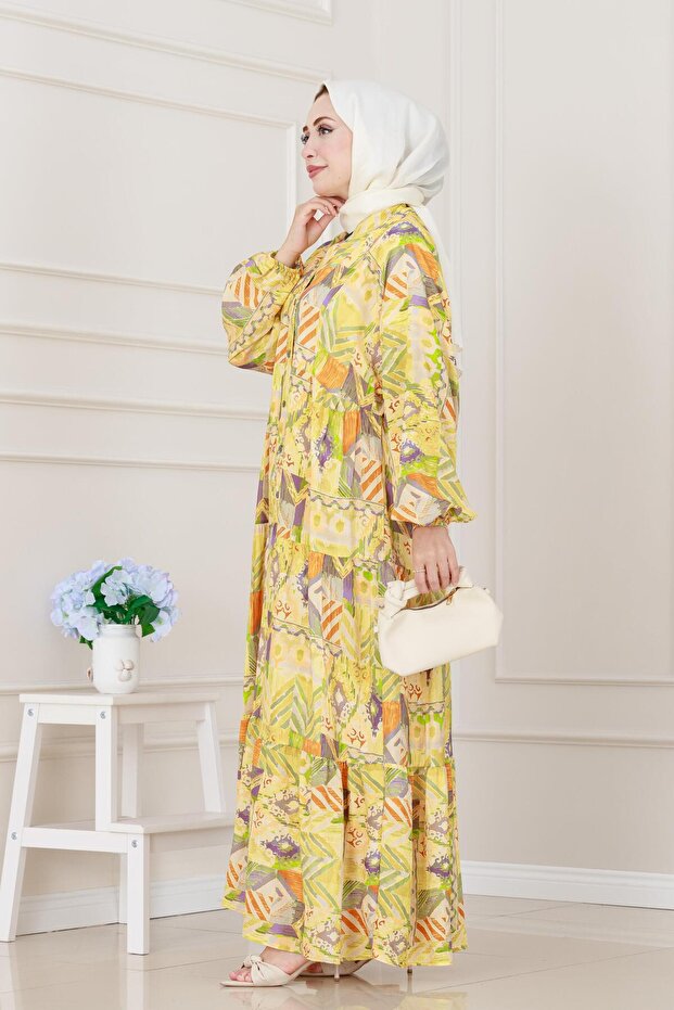 فستان رداء بنمط عرقي - أصفر - 3