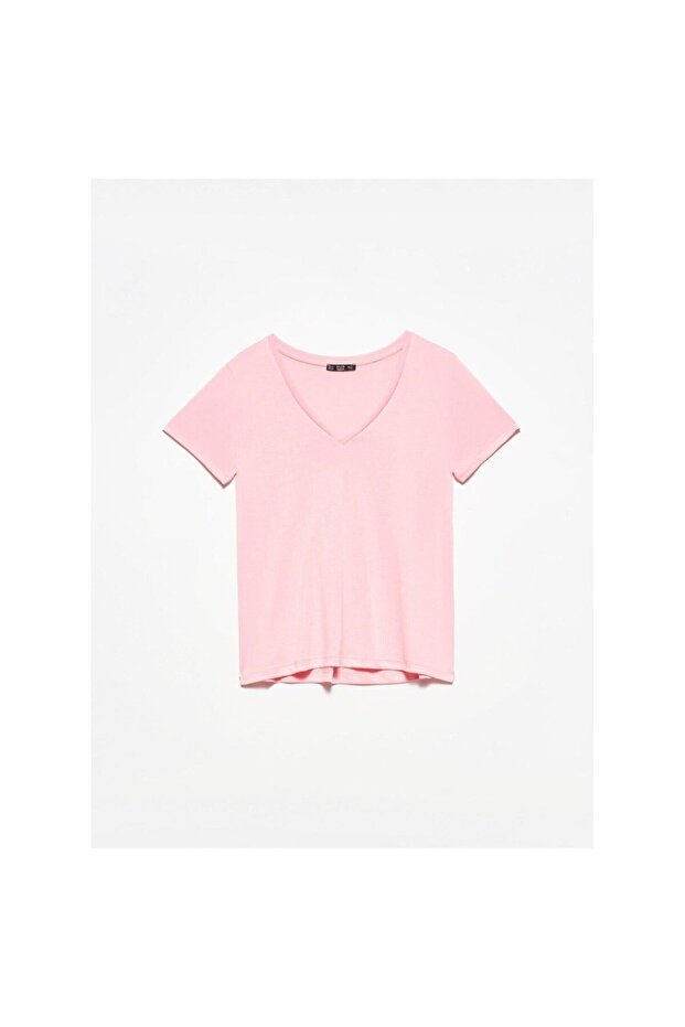 3470 V Yaka Basic T-shirt-Canlı Pembe - 1