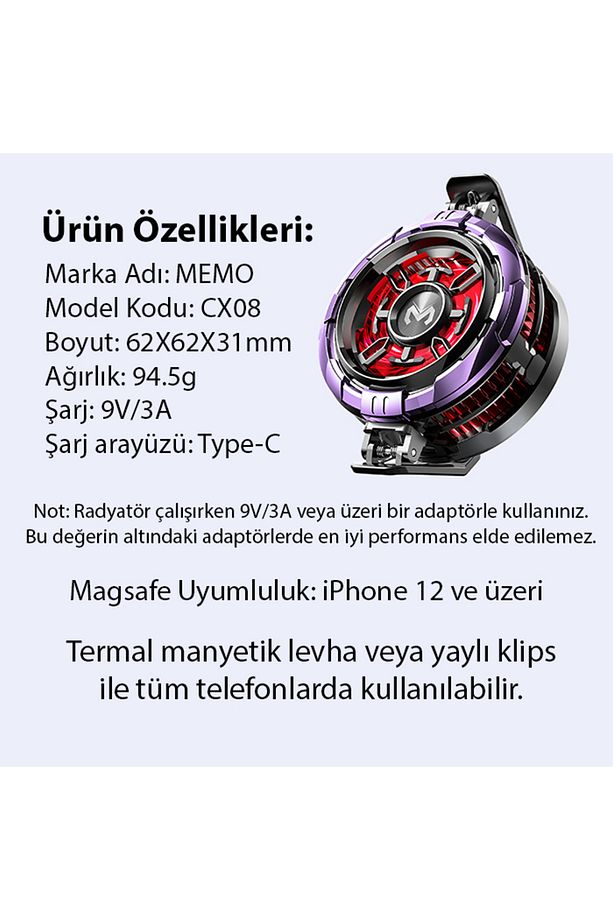 CX08 iOS Android Soğutucu 15W Manyeti+Arka Klips 2'si 1 Arada Yarı İletken Soğutma Fanı Radyatörü Sİ - 8