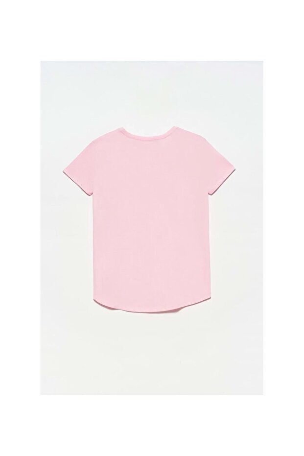 3470 V Yaka Basic T-shirt-Canlı Pembe - 3