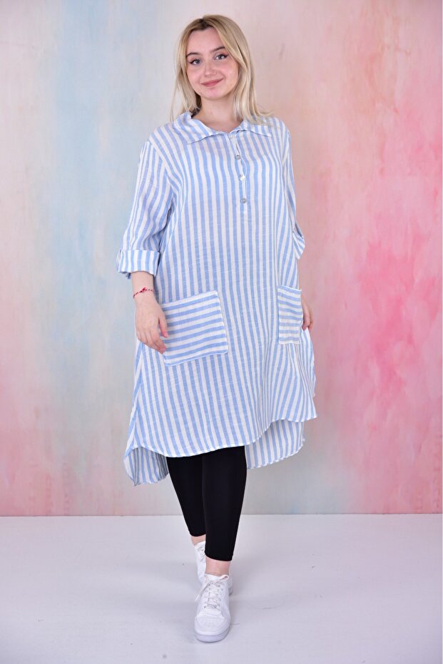 Striped Button Long Sleeve Shirt Collar Tunic Buluz
