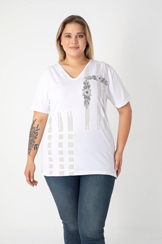 Printed Slit Cotton Women's V-Neck Plus Size T-Shirt