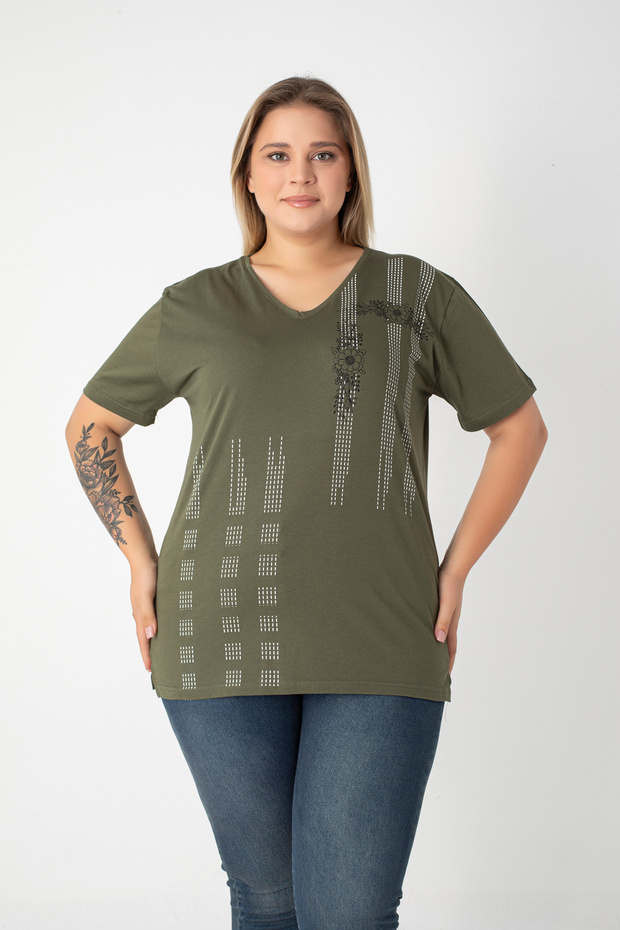 Printed Slit Cotton Women's V-Neck Plus Size T-Shirt