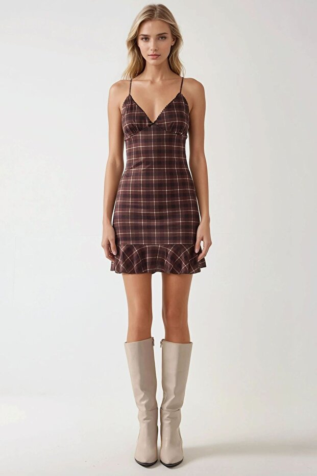 V Yaka Desenli Mini Elbise - 2