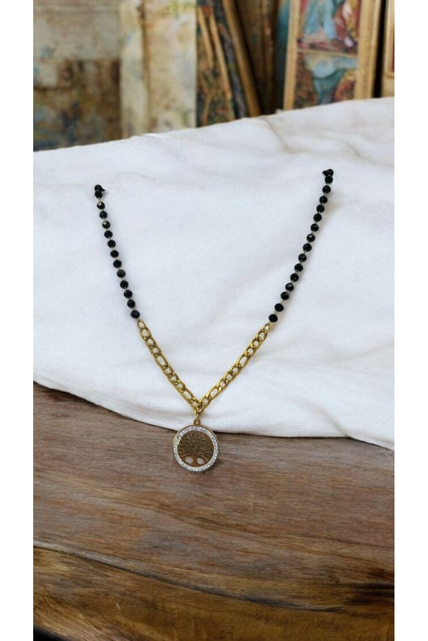 Steel Zircon Stone Tree of Life Necklace
