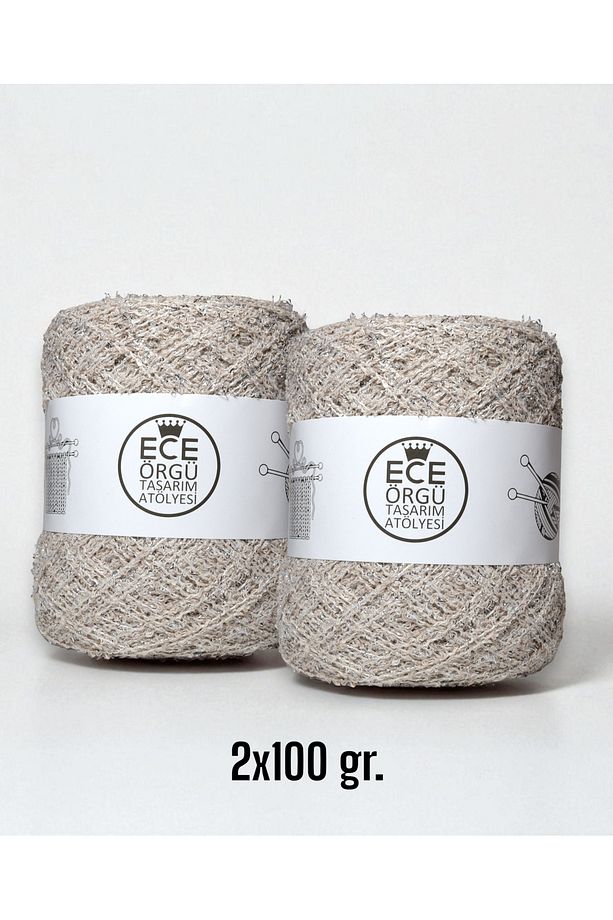 Taş rengi, kendinden gümüş simli italyan buklet, el örgü ipi (200 gr.) - 1